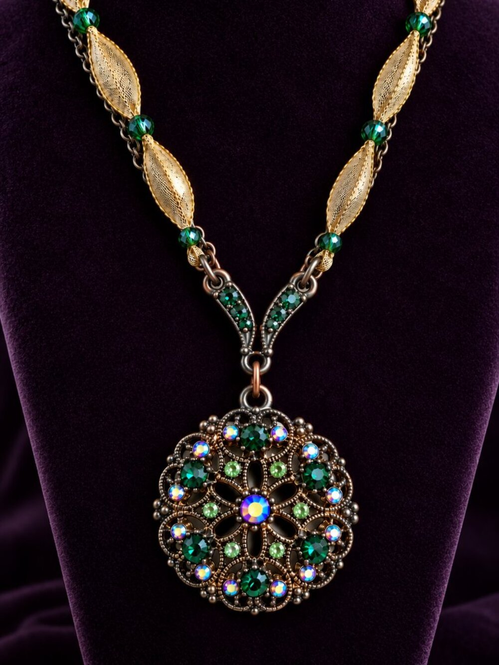 Vintage Filigree-style Pendant Necklace w/Multi-colored Crystal Rhinestones - Picture 15 of 16